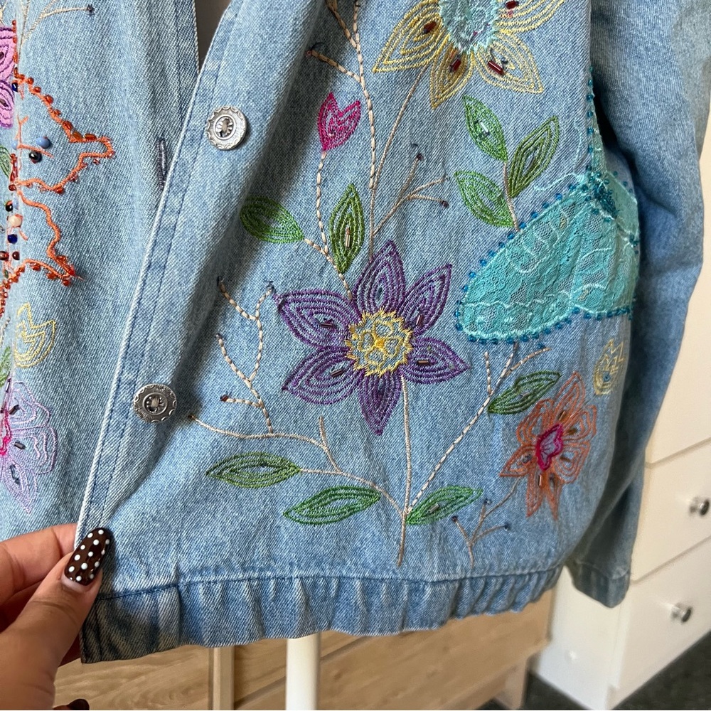 Embroidered Light Blue Denim Jean Jacket - Floral Detail